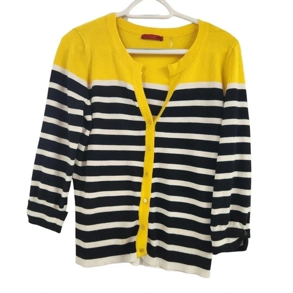 Red Sweaters - Red Button Cardigan Size L Yellow Block Black White Striped Long Sleeve *READ*